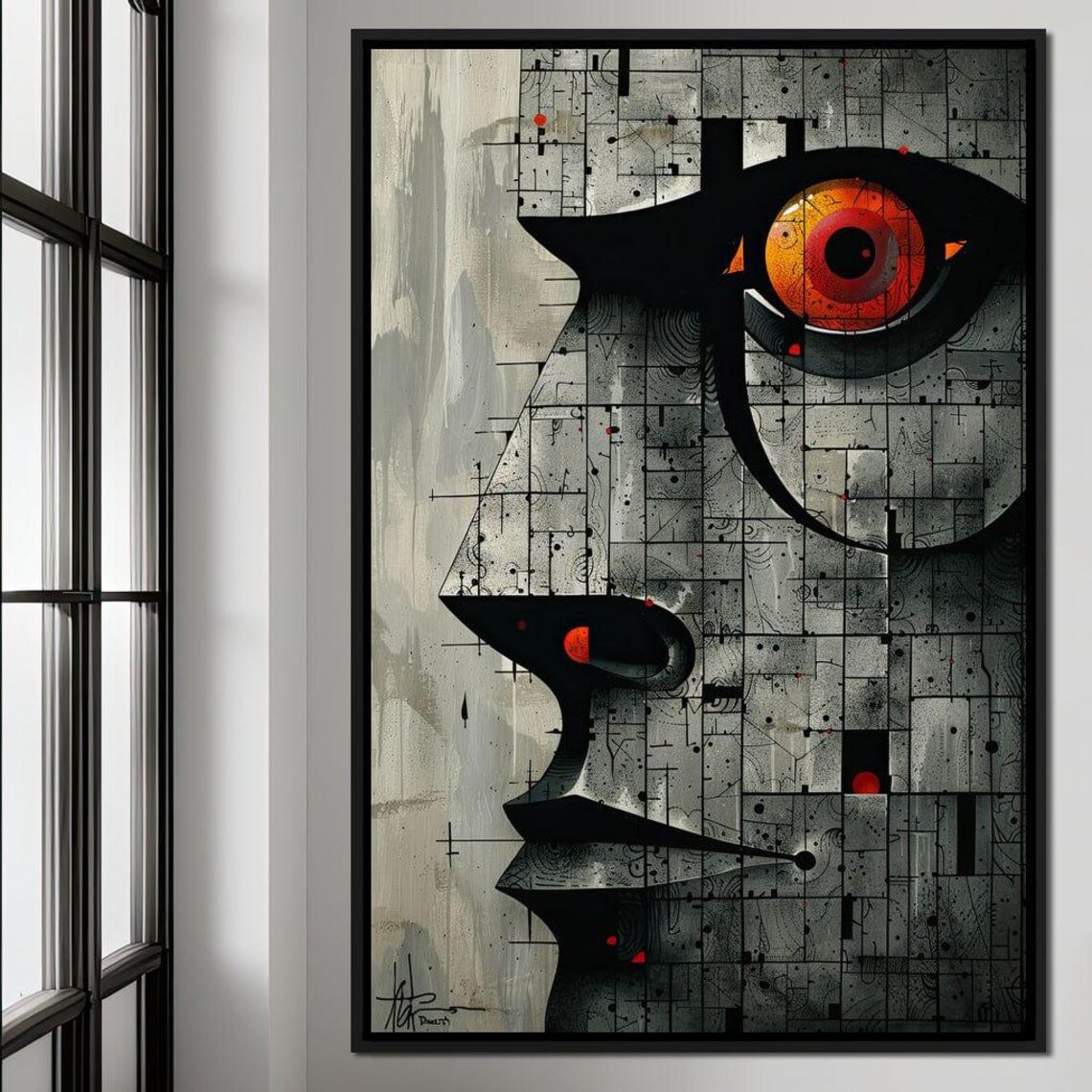 Enigmatic Mosaic Face Profile Fractal Red Eye Geometric Art Poster - Image 4