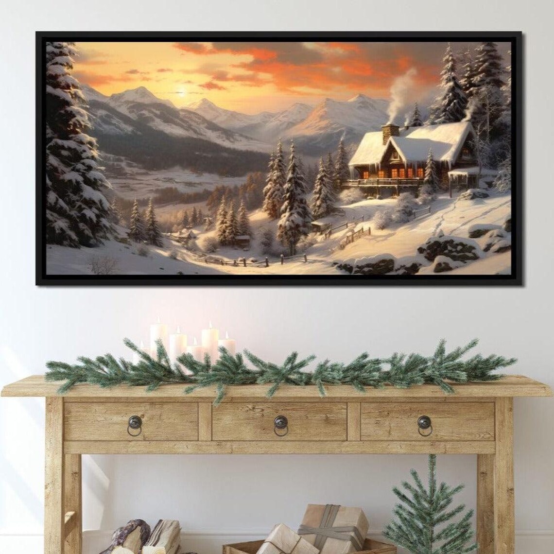 Christmas Cottage Winter Scene, Snowy Cabin Art Print - Image 4