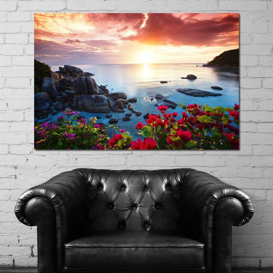 Rocky Tropical Beach Sunset with Bougainvillea Flowers Seascape Poster - Image 4