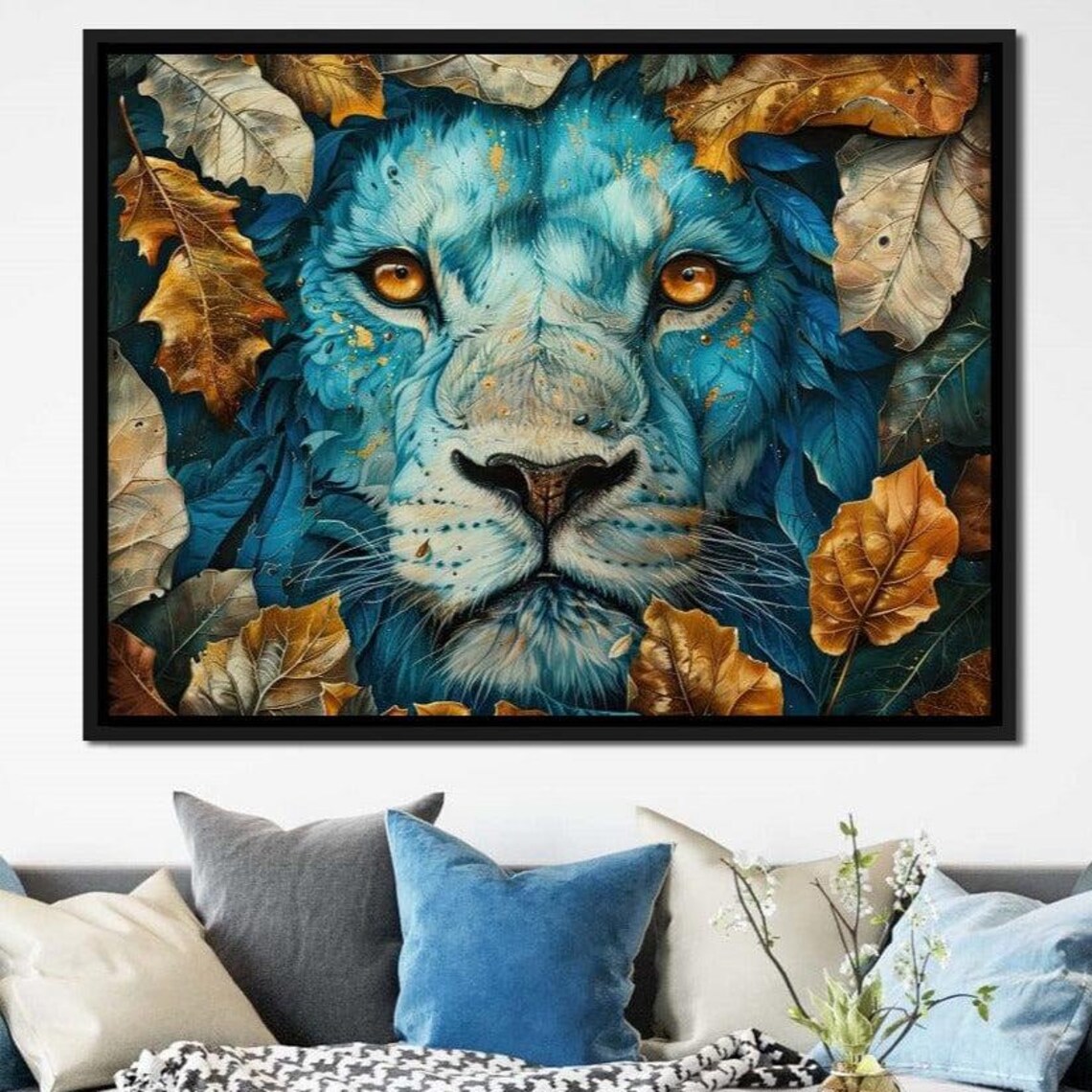 Sapphire Blue Lion Face Framed Autumn Leaves Bold Animal Art Poster