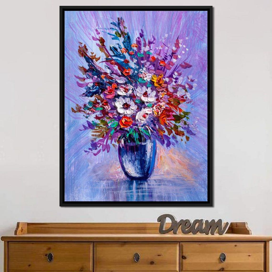 Wildflower Bouquet Impasto Blue Vase Purple Background Wall Art - Image 2