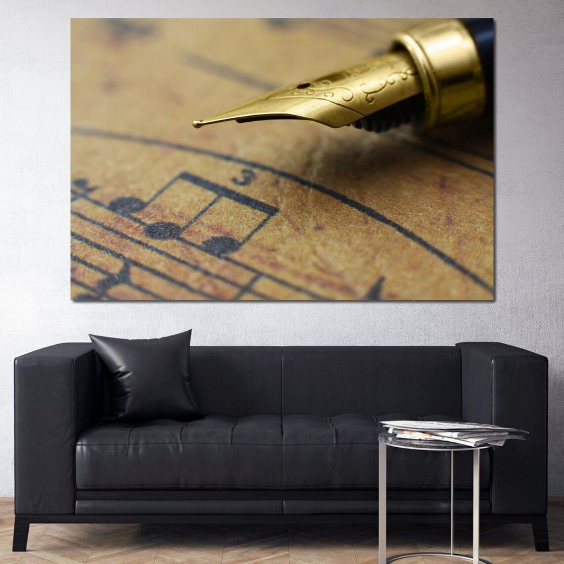 Golden Fountain Pen Nib over Vintage Sheet Music Elegant Office Art Poster - Image 4
