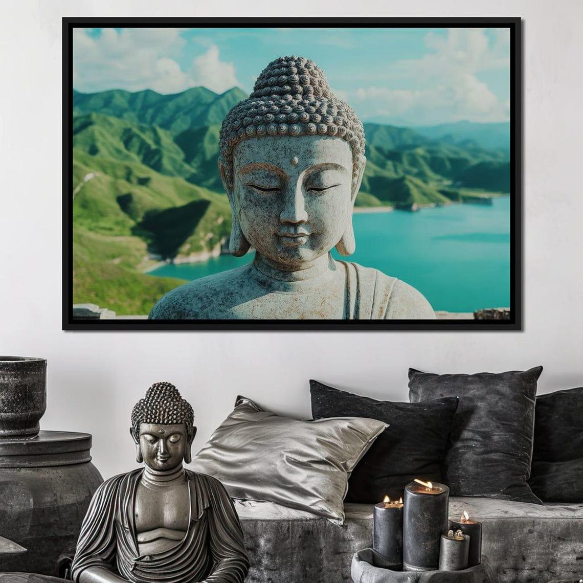 Stone Buddha Face Over Emerald Peaks And Turquoise Lake Zen Poster - Image 2