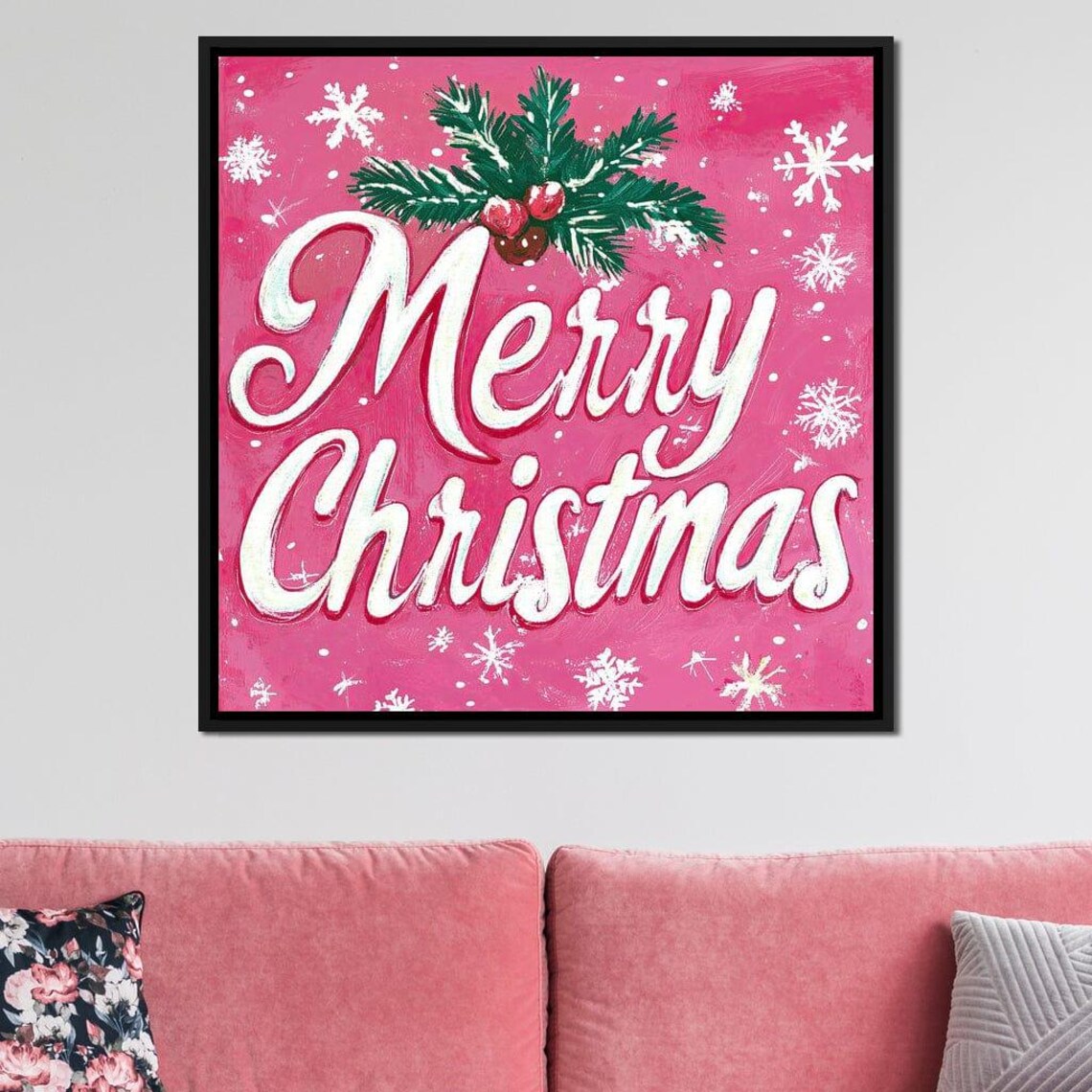 Merry Christmas Pink Script Sign Snowy Pine Snowflakes Art Poster - Image 2