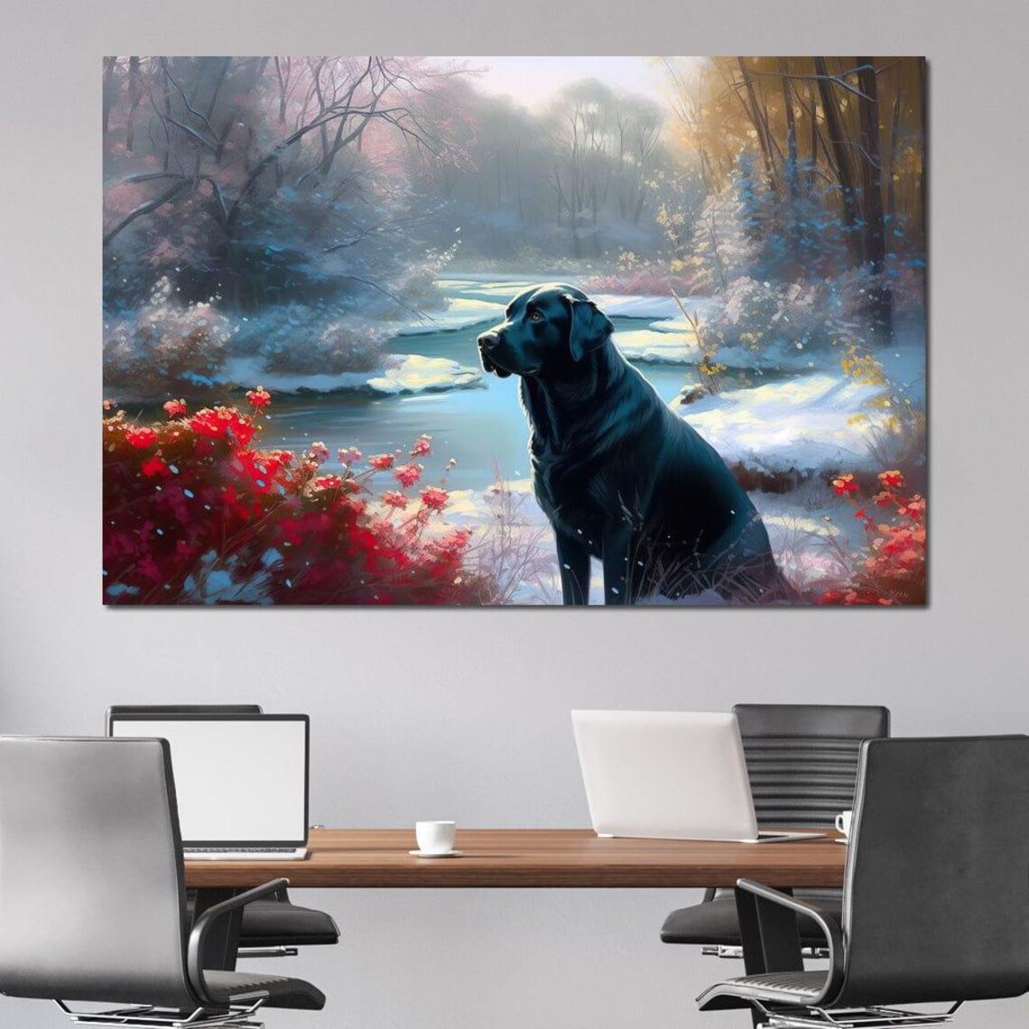 Black Labrador Winter Stream Snowy Forest Dog Painting Wall Art Print - Image 2