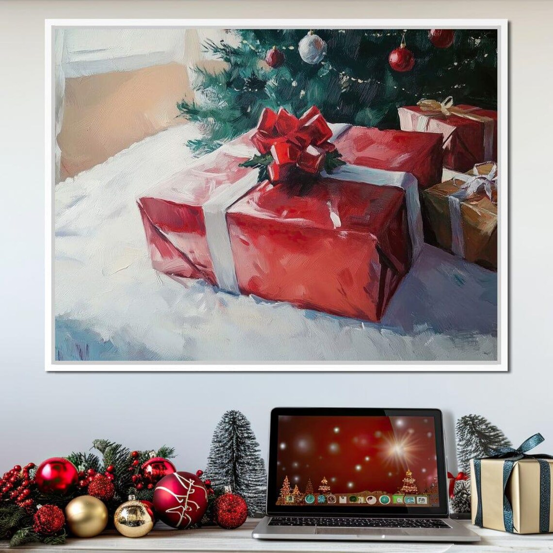 Red Christmas Gifts Under Decorated Tree Festive Holiday Art Poster - Image 4