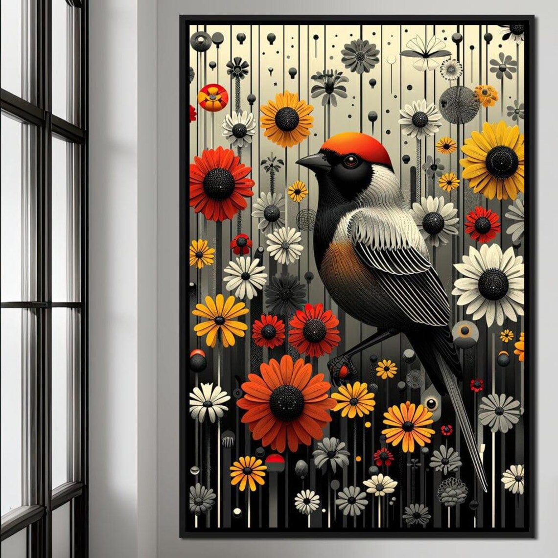 Songbird Among Daisies Modern Floral Bird Art Print Botanical Decor