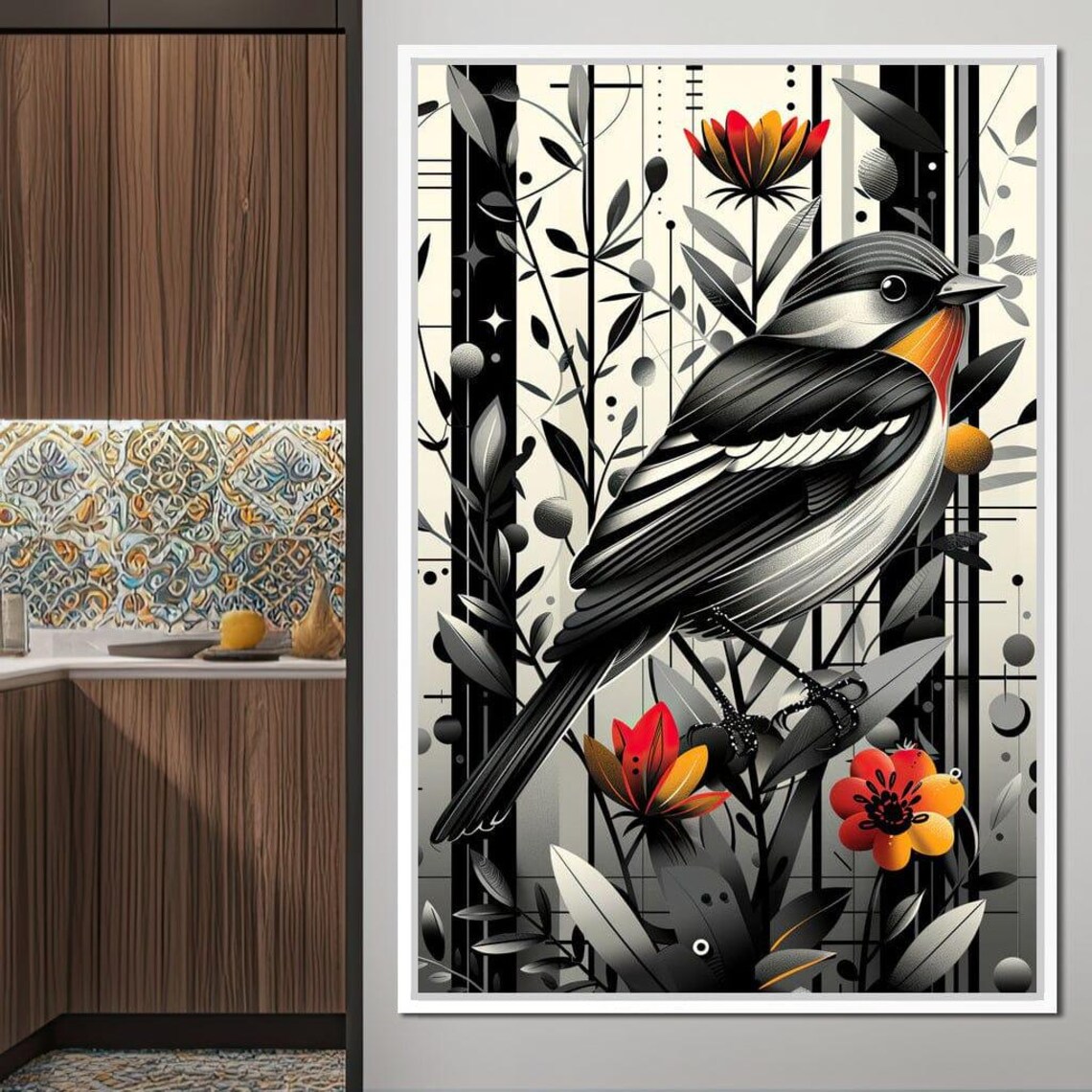 Songbird Orange Throat Red Blossoms Monochrome Nature Art Poster - Image 3
