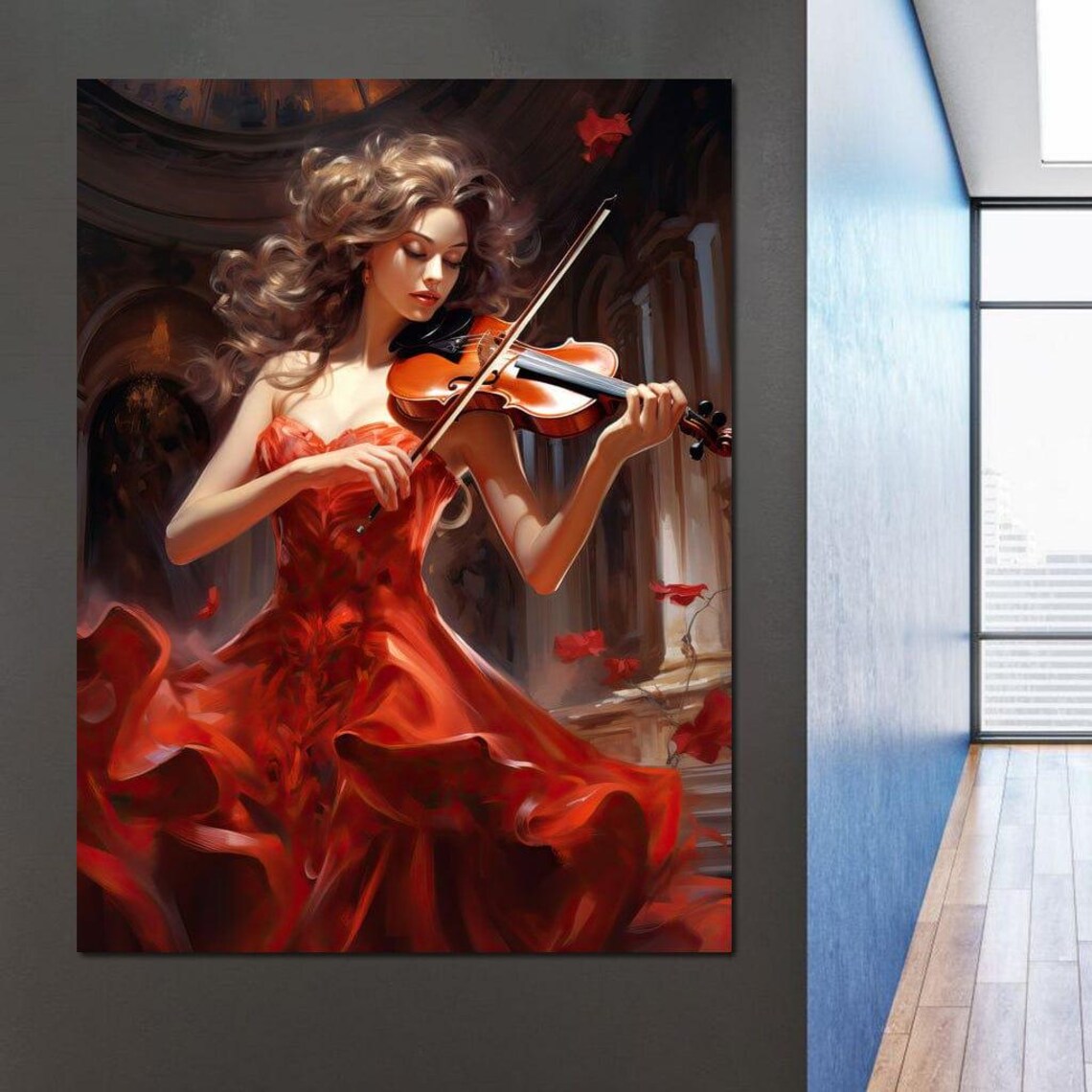 Red Violinist Elegant Woman Playing Violin In Crimson Gown Art Poster - Image 3