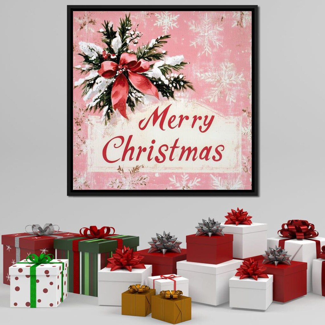 Merry Christmas Pink Retro Sign With Snowy Pine Bouquet Art Poster - Image 2