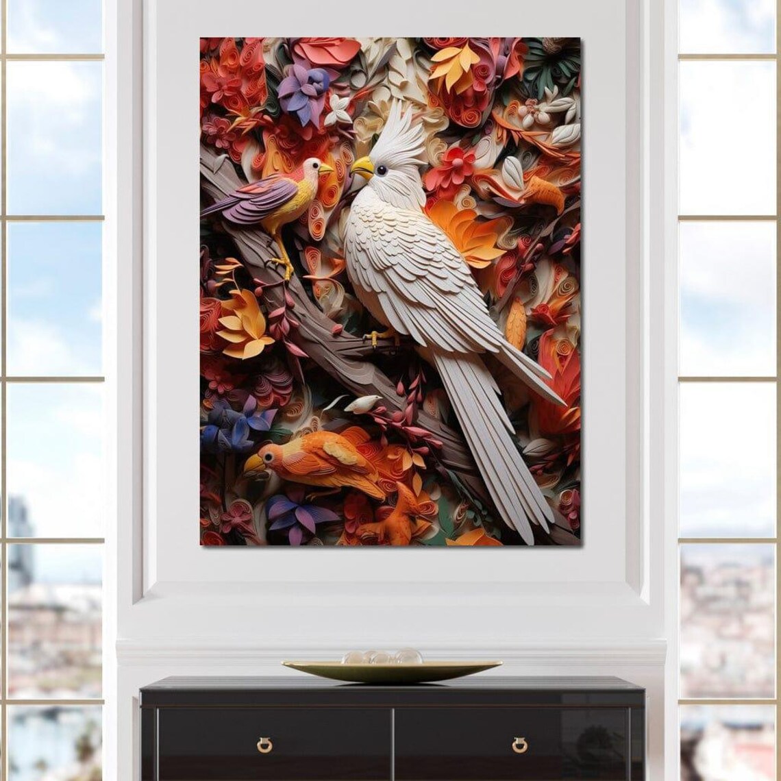 White Cockatoo Paper Quilling Birds Colorful 3D Floral Wall Art - Image 4