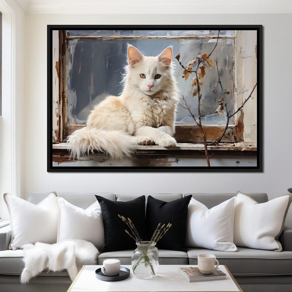 White Cat Serene Long Haired Feline Rustic Window Sill Poster