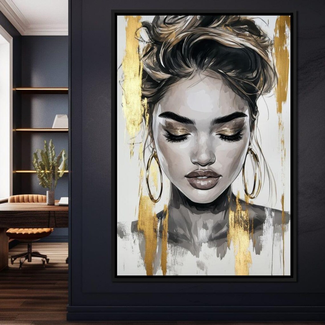 Golden Brushstroke Woman Portrait With Hoop Earrings Modern Art Poster - Image 4