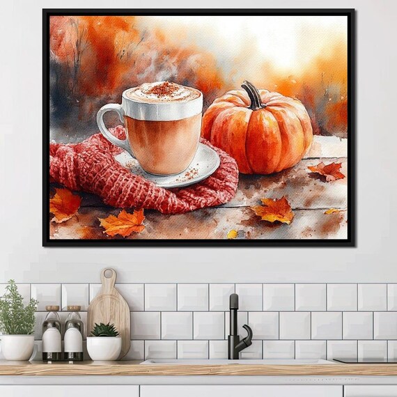 Cozy Fall Coffee Cup Red Scarf Pumpkin Watercolor Autumn Kitchen Poster