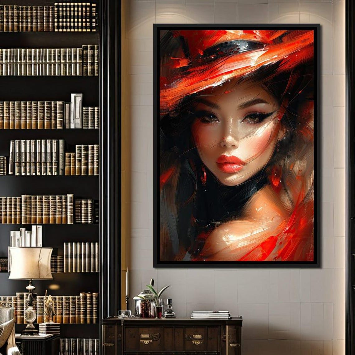 Fiery Orange Hat Beauty Bold Expressive Brushstroke Portrait Wall Art - Image 2