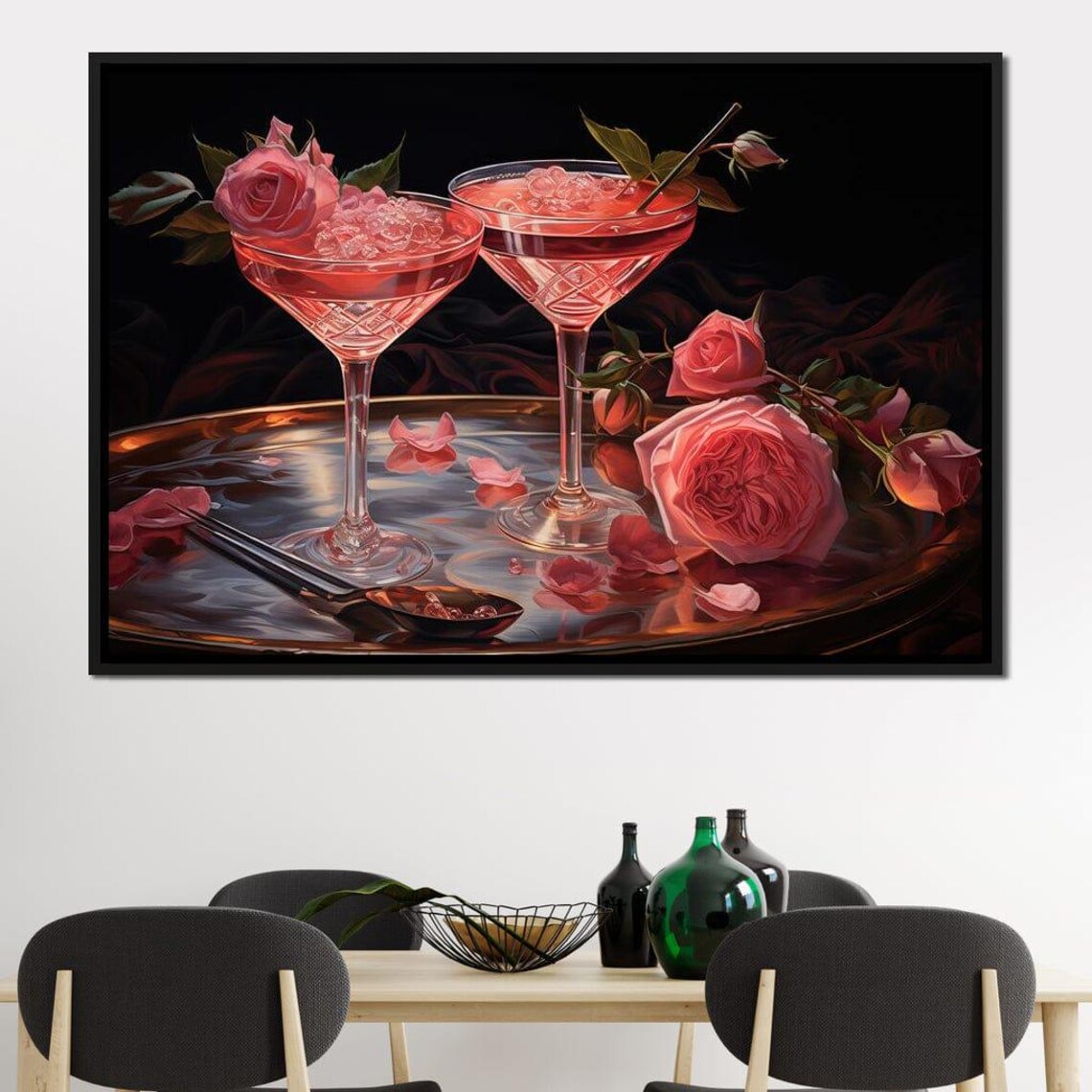 Pink Rose Cocktails Crystal Glasses Dark Moody Bar Wall Art Poster - Image 2