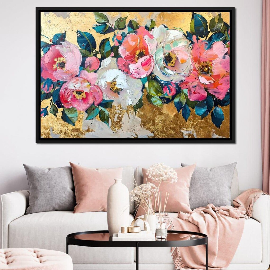 Pink Coral White Peonies Flowers Gold Leaf Background Floral Poster - Image 3