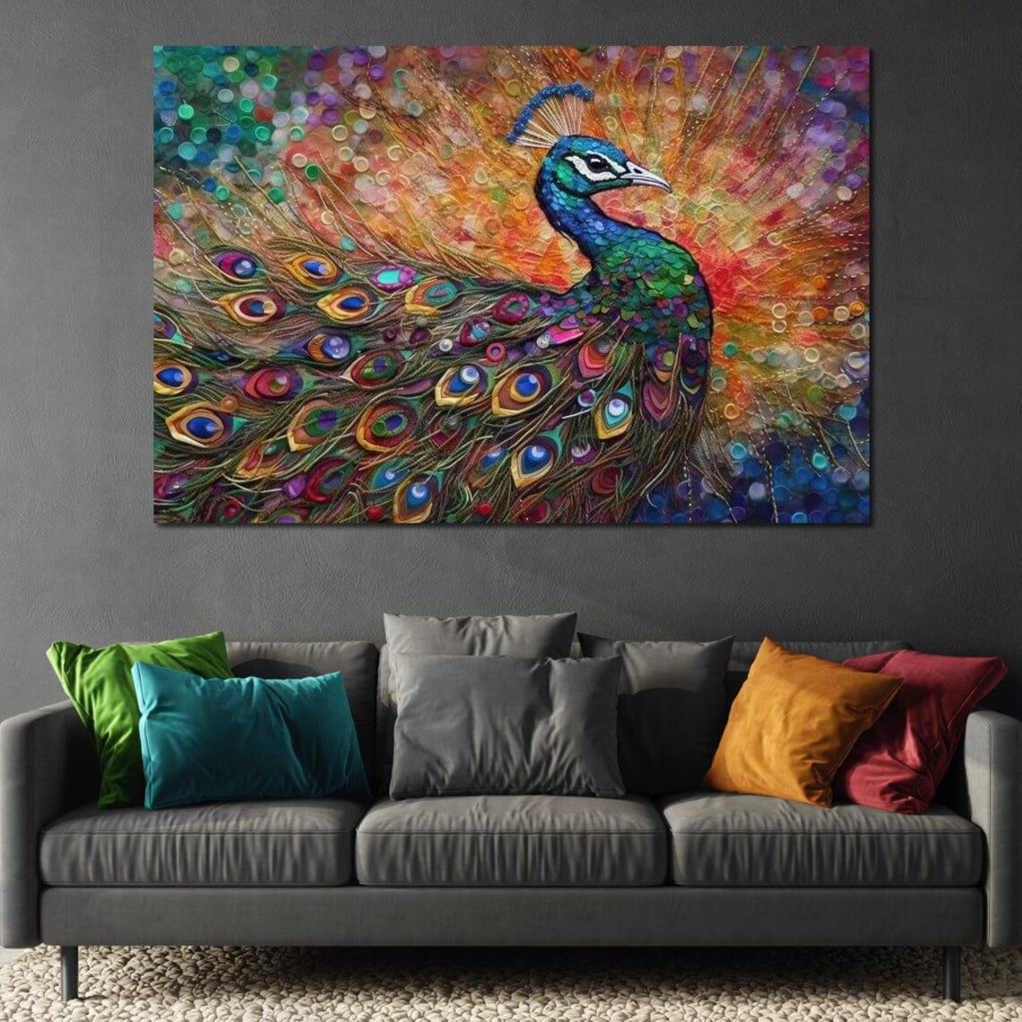 Peacock Jewel Tone Mosaic Tail Golden Sunburst Colorful Art Print - Image 2