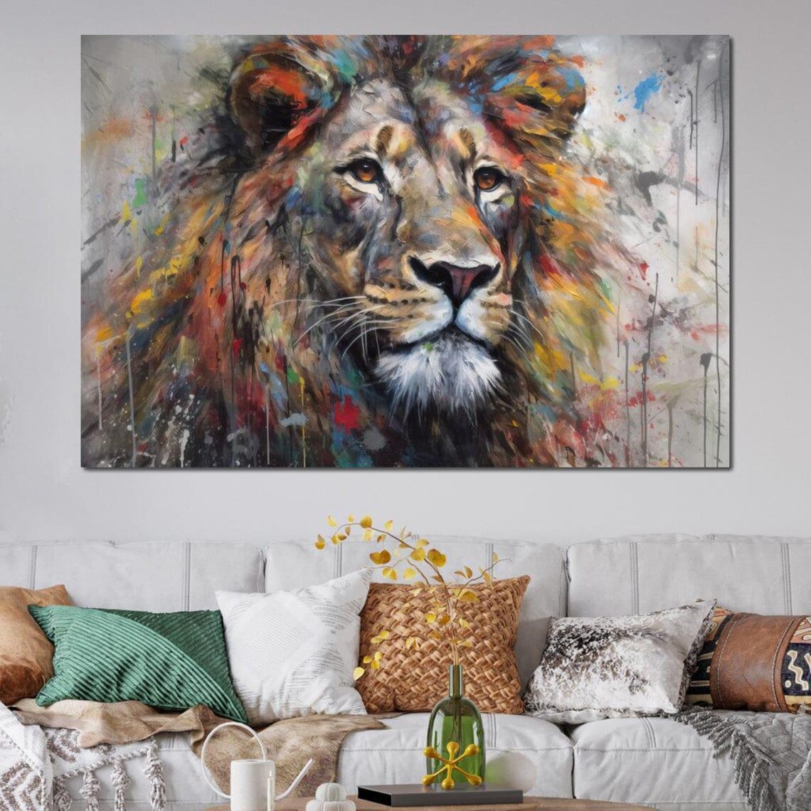 Urban Jungle Lion Jungle Decor Colorful Lion Wall Art Fierce Wildlife Home Decor Safari Animal Portrait By Nichecanvas - Image 2