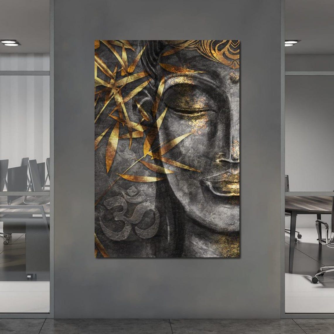 Gold Grey Buddha Face Om Symbol Bamboo Zen Meditative Wall Art - Image 3