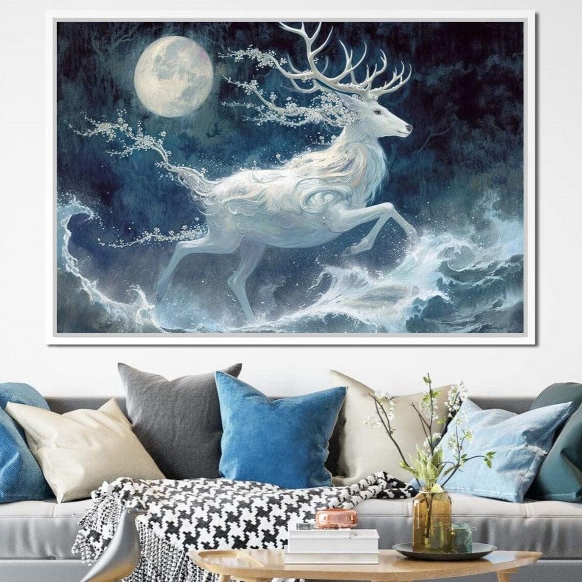 Mystic White Stag Leaping Over Ocean Waves Moonlit Fantasy Wall Art