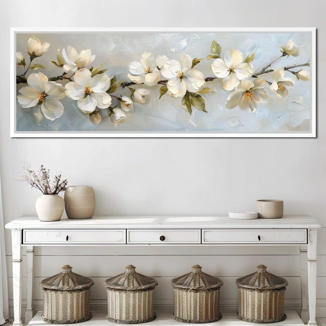White Cherry Blossom Branch Panoramic Oil Painting Flower Wall Art