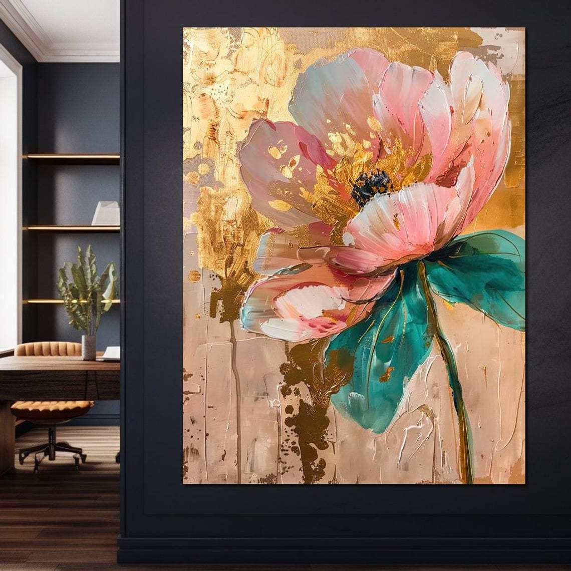 Pink Flower With Gold Leaf Abstract Modern Botanical Wall Art Print - Image 2
