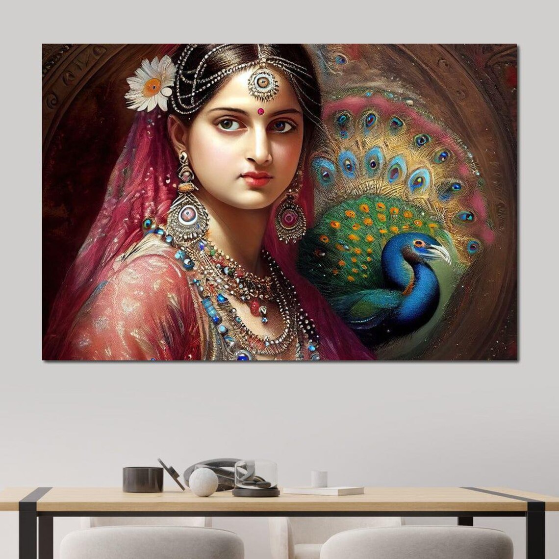 Indian Bride In Red Jewelry With Peacock Traditional Ethnic Wall Art - Image 4