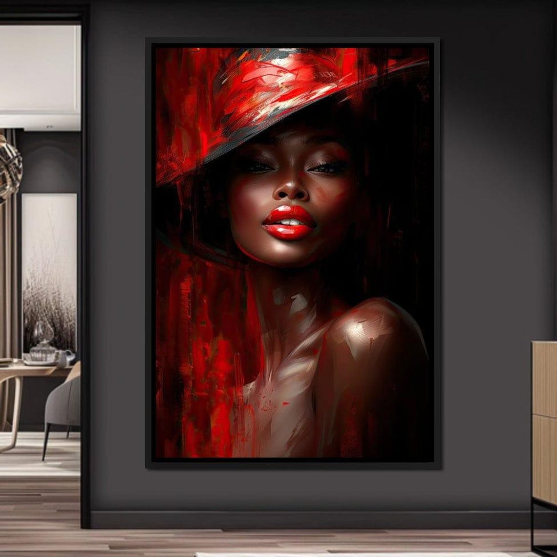 Red Hat Beauty Bold Black Red Glamorous Sultry Portrait Wall Art - Image 4