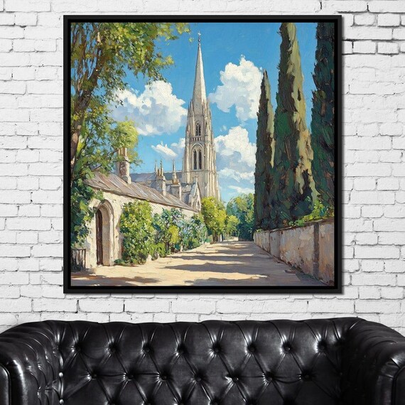 Sunlit Church Steeple Village Path Cypress Trees European Art Poster