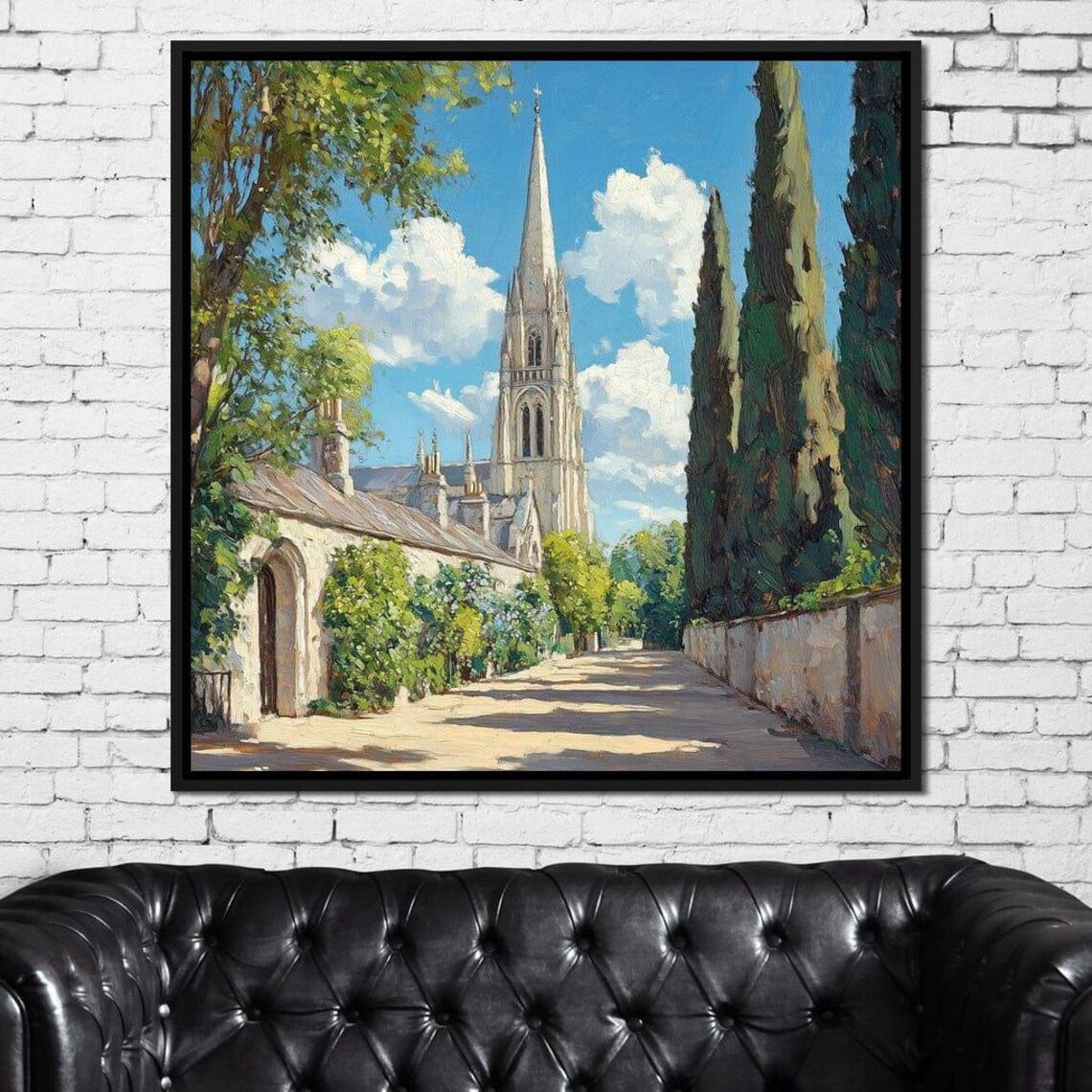 Sunlit Church Steeple Village Path Cypress Trees European Art Poster