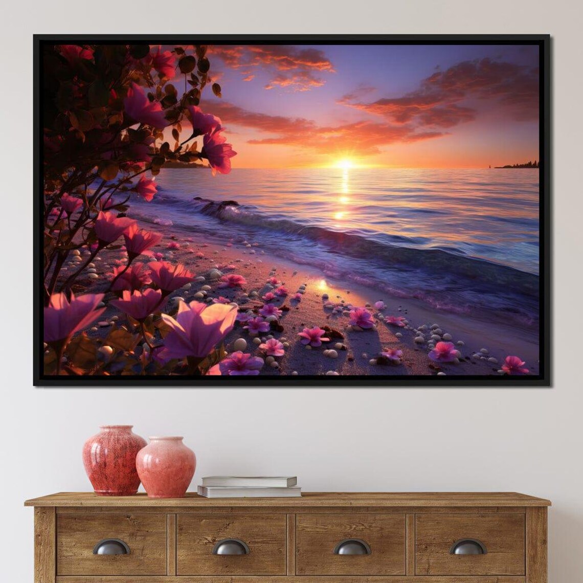 Tropical Sunset Beach Pink Flowers Ocean Waves Seaside Travel Poster - Image 4