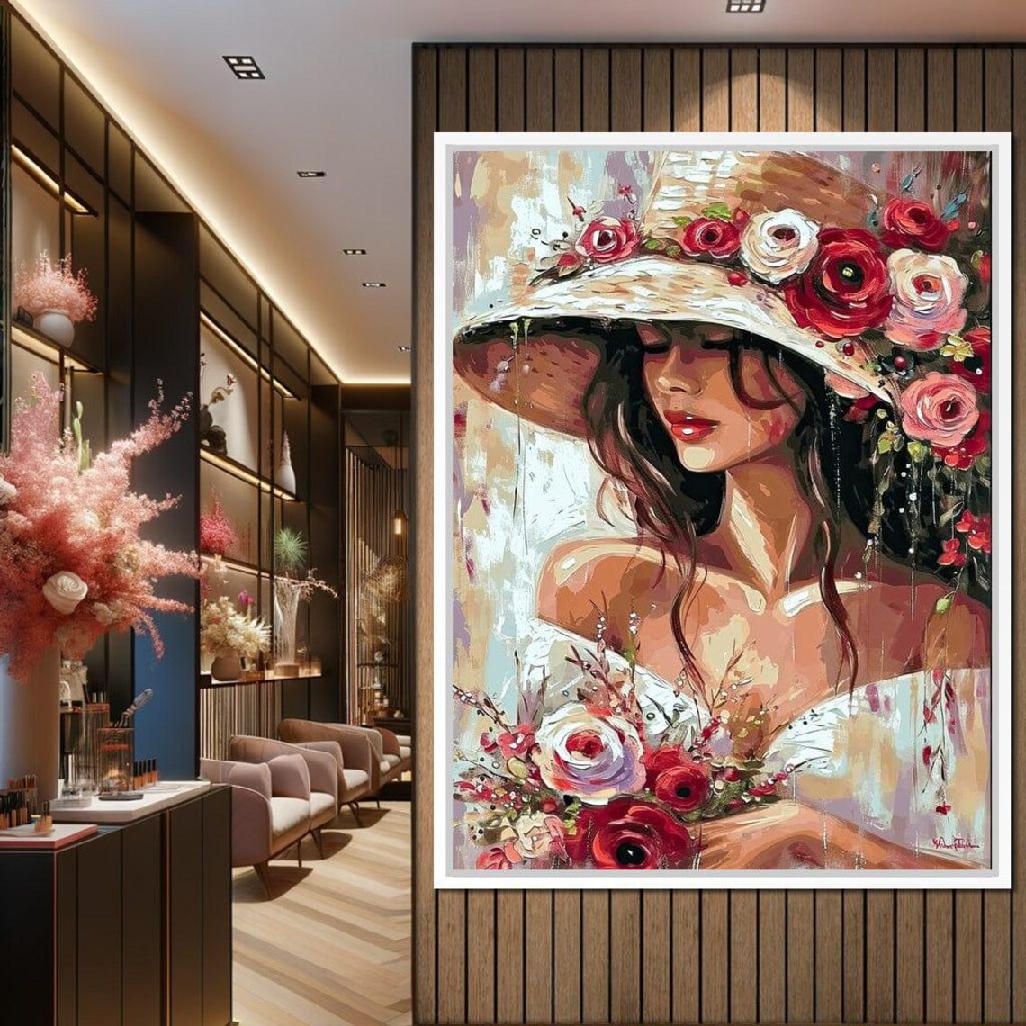 Woman Rose Covered Straw Hat Red Pink Roses Floral Art Print