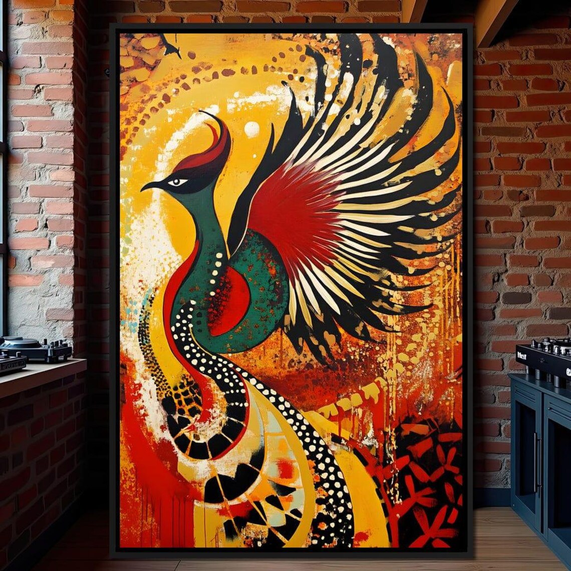 Vibrant Red And Green Phoenix Rising Through Golden Flames Art Print