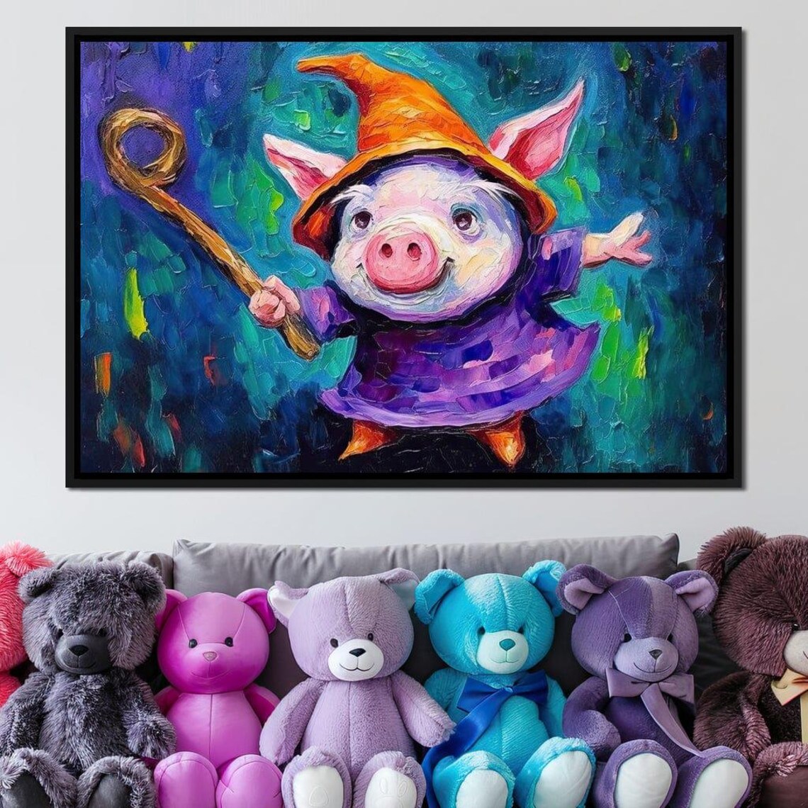 Piglet Wizard Cute Magic Hat Wand Purple Robe Kids Fantasy Art Poster - Image 4