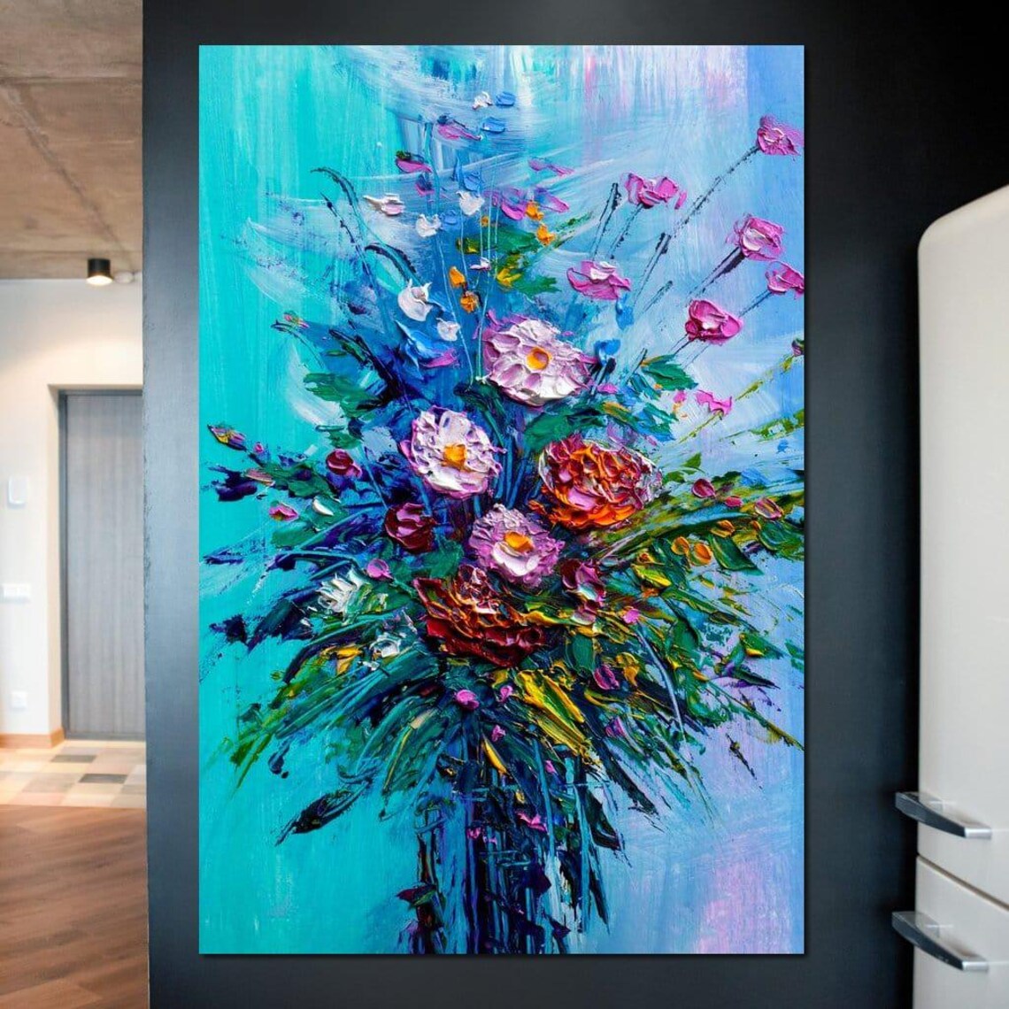 Vibrant Flower Bouquet Blue Background Bold Oil Painting Art Poster - Image 4
