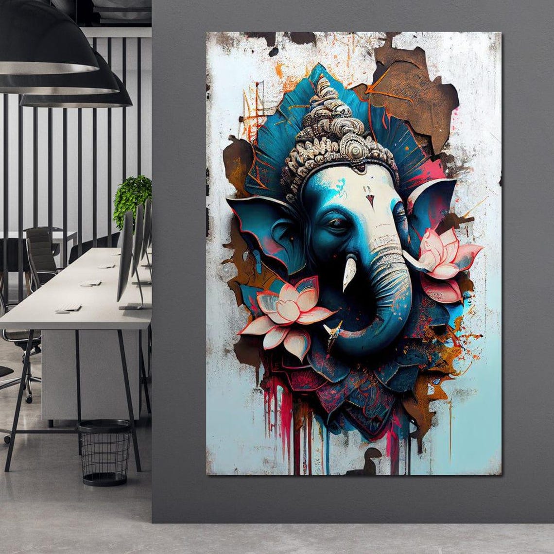 Blue Ganesha Elephant God Graffiti Style Pink Lotus Wall Art Poster - Image 4