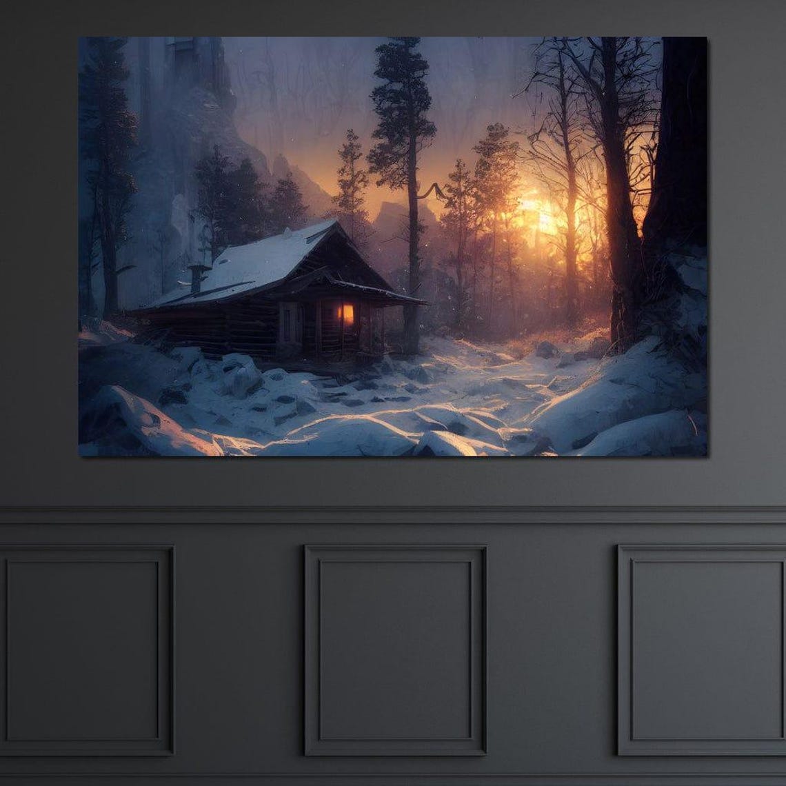 Snowy Log Cabin Winter Forest Sunset Cozy Woodland Travel Poster - Image 3