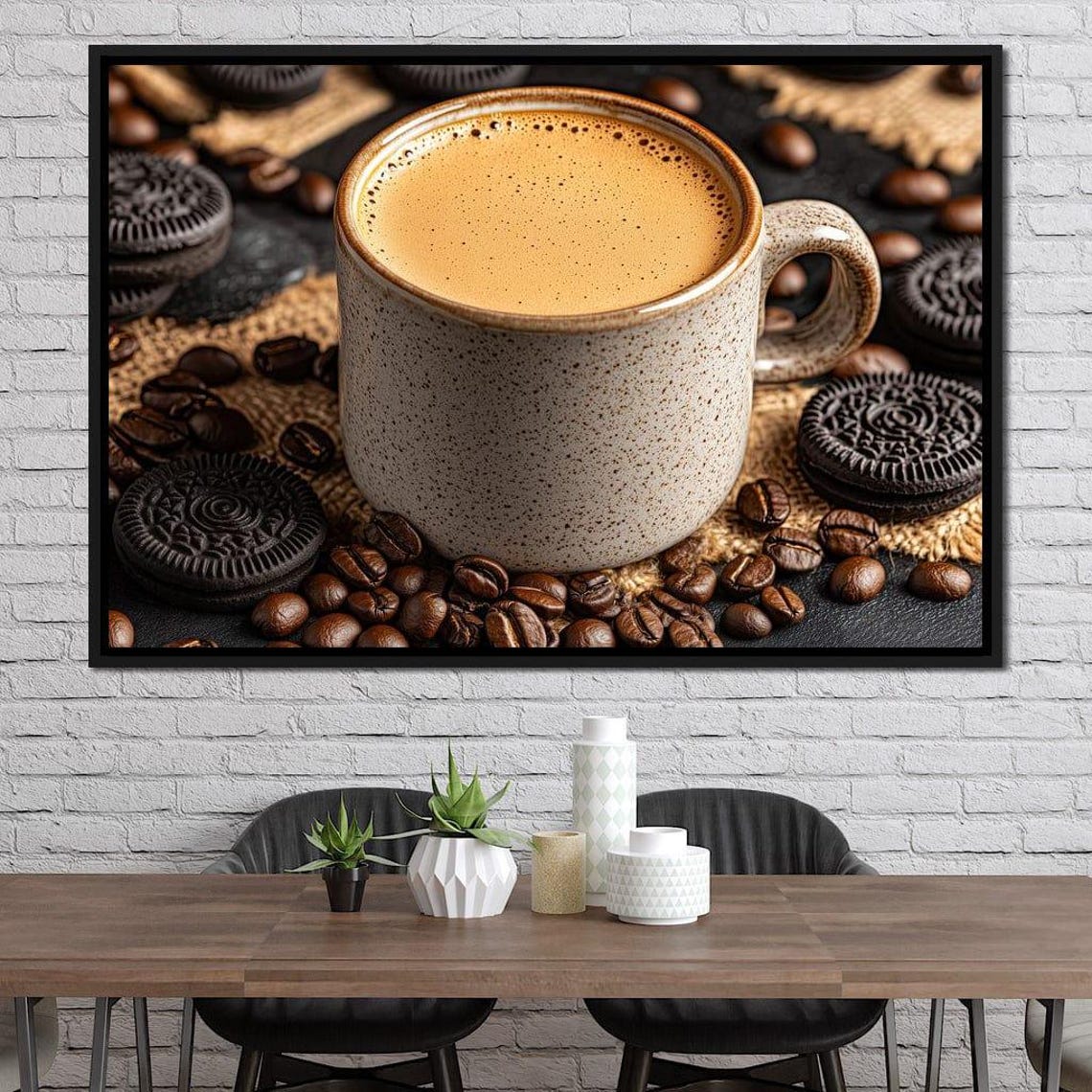 Steaming Coffee In Ceramic Mug Coffee Beans Cookies Dark Rustic Poster - Image 3