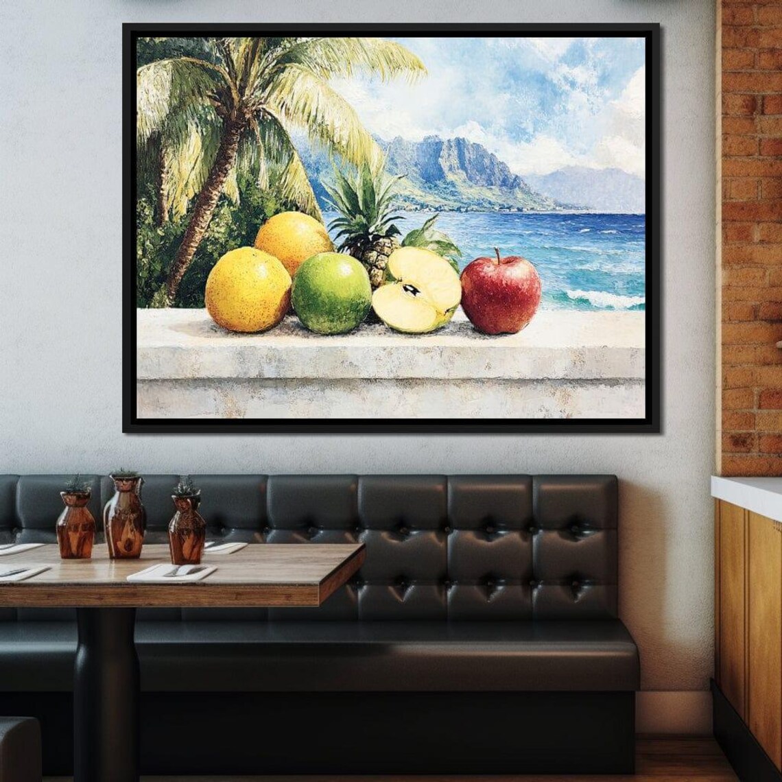 Tropical Fruits Beach Palm Ocean Mountain View Still Life Poster - Image 2