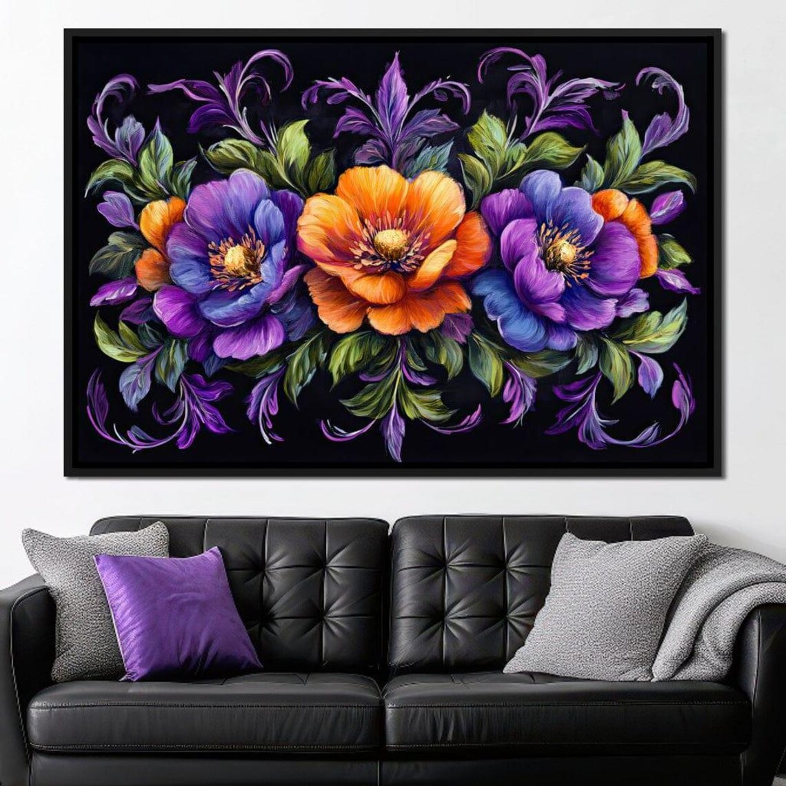 Purple Orange Symmetric Floral Botanical Black Ground Painting Poster