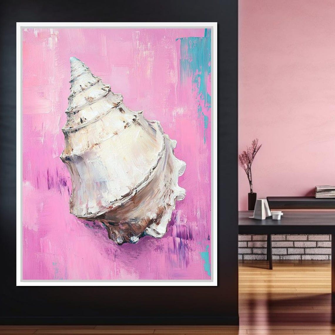 White Conch Seashell Pink Background Coastal Beach Wall Art Print