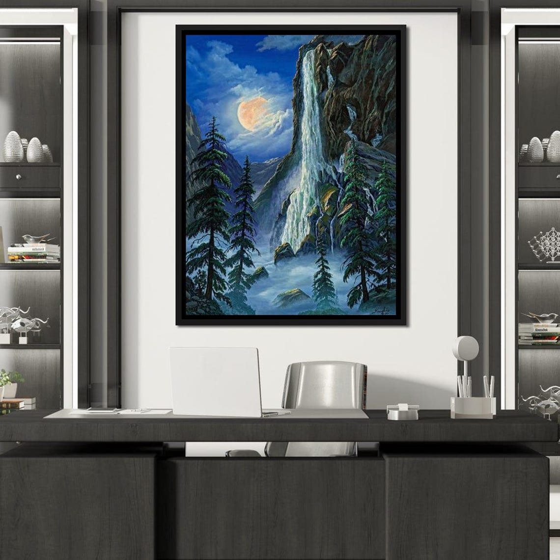 Moonlight Waterfall Frank Kecskes Nature Wall Art Nighttime Landscape Home Decor Art Print By Nichecanvas