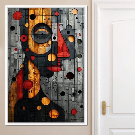 Metallic Mosaic Silhouette Cole Williams Abstract Wall Art Face Silhouette Geometric Gray And Orange Home Decor By Nichecanvas