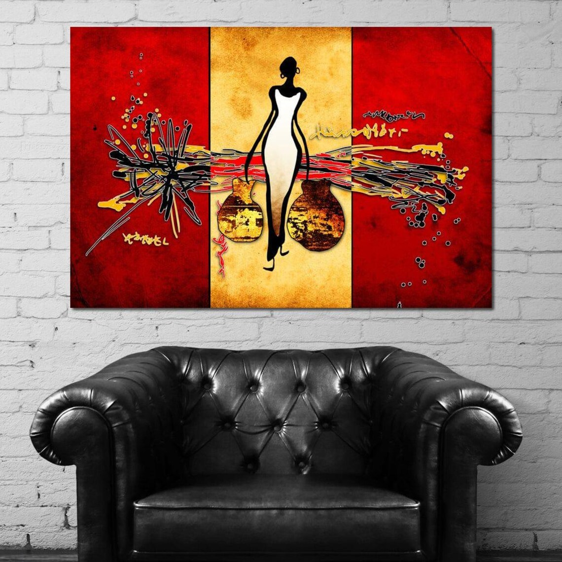 African Water Carrier Woman Bold Red Gold Silhouette Wall Art - Image 4