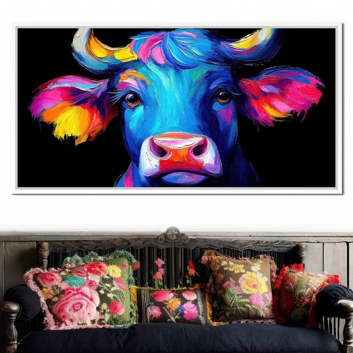 Vibrant Blue Cow Colorful Pop Art Farmhouse Neon Animal Wall Poster - Image 2