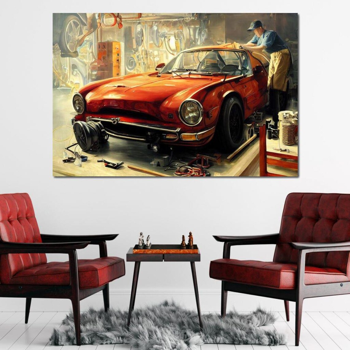 Vintage Red Sports Car Garage Mechanic Retro Auto Workshop Poster - Image 2