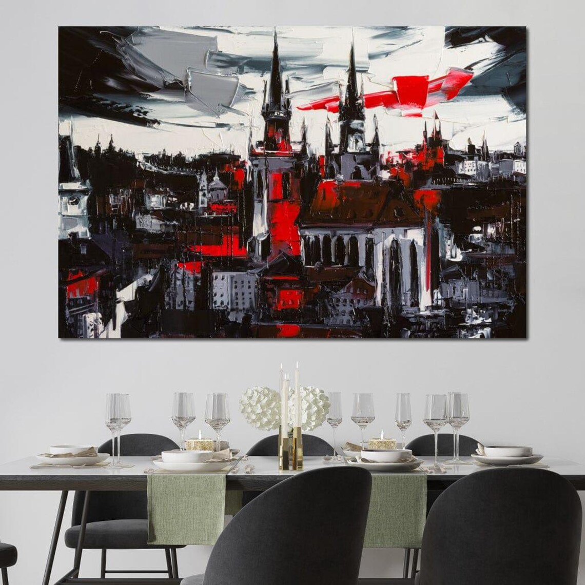 Gothic Cathedral City Skyline Dark Red Oil Painting Urban Art Print - Image 3