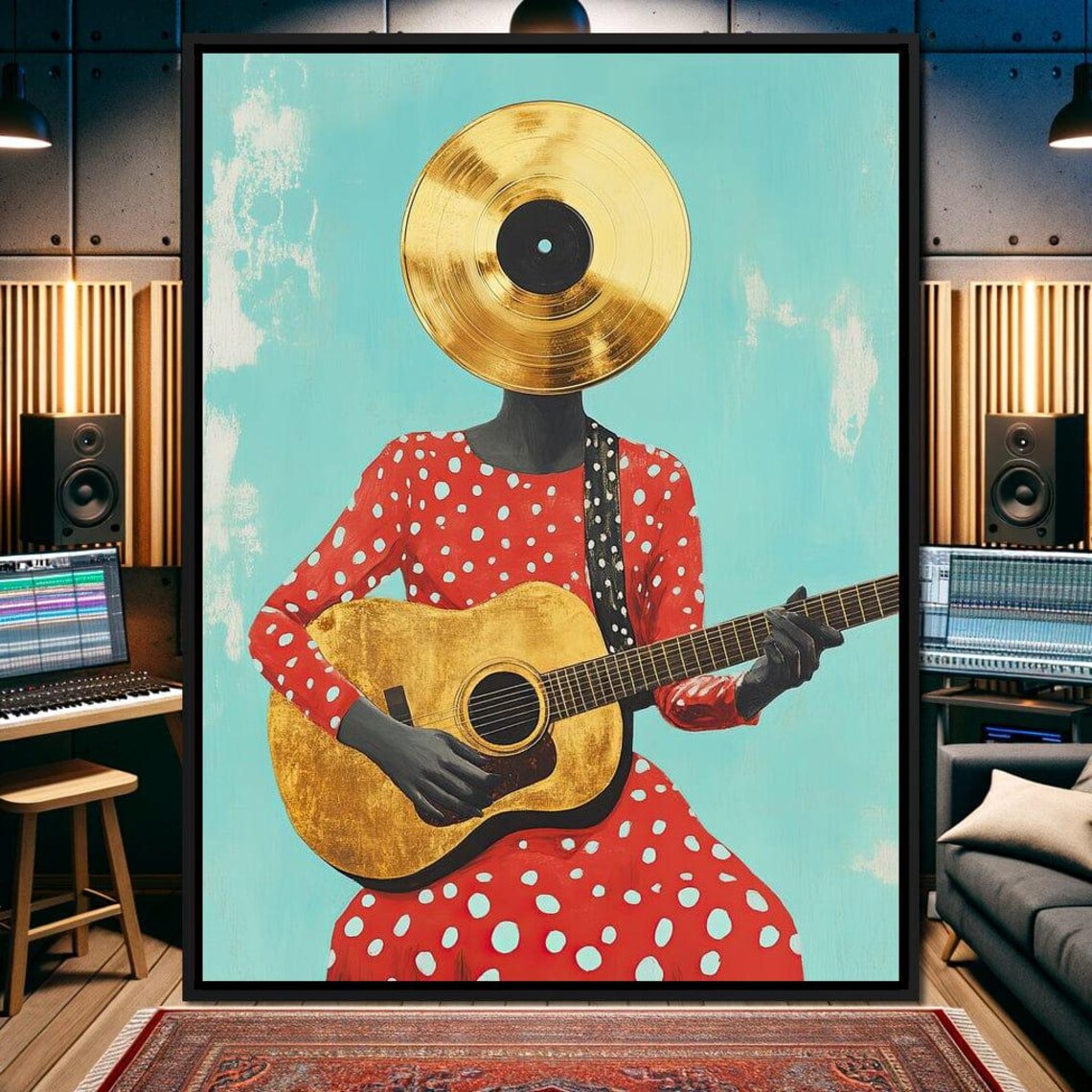 Gold Vinyl Record Head Guitar Player Retro Jazz Surreal Music Art Poster