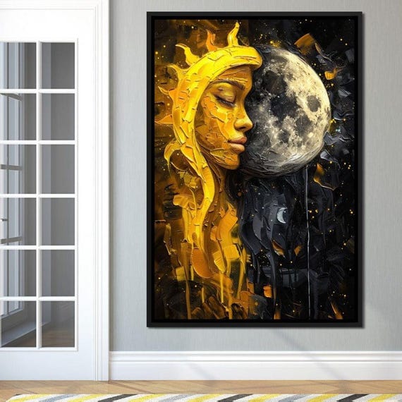 Lunar Solstice Embrace Celestial Wall Art Sun And Moon Cosmic Home Decor Mystical Painting Spiritual Artwork By Nichecanvas